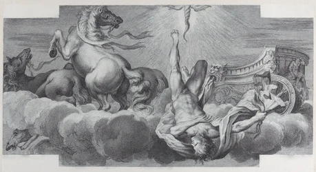 Auriga, el auriga, cae del carro en el centro, con tres caballos