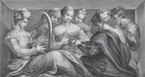 Un grupo de personas elegantemente vestidas tocando el arpa y una guitarra, 1740-68