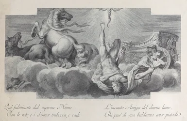 Placa 34: Auriga, el auriga, cae del carro en el centro, con tres caballos a la izquierda, 1756