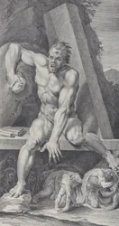 Placa 7: el cegado Polifemo, guardando la entrada de su caverna, con Ulises y sus..., 1756