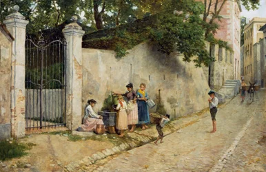 En la fuente, de Bartolomeo Giuliano (1825-1909), óleo sobre lienzo, 64,5x100 cm