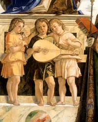 Virgen con el Niño en trono y los santos Juan Bautista, Bartolomé y Sebastián, de Bartolomeo Cincani conocido como Il Montagna (1450-1523). Detalle.