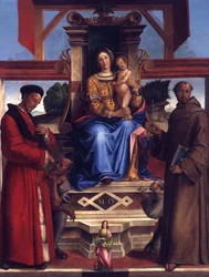 María entronizada con el Niño, los santos Homobono, Francisco de Asís, Catalina de Alejandría y el donante Bernardino da Feltre (fallecido en 1494)