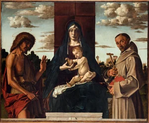 La Virgen y el Niño con los Santos Francisco y Juan Bautista par Montagna, Bartolomeo (1449-1523). Óleo sobre madera, tamaño : 148x180, ca 1485, Fondazione Cini, Venezia