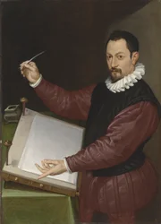 Retrato de un escriba con jubón rojo y gorguera blanca