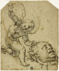 Dos bocetos: Putto arrodillado sujetando una cabeza (anverso) Detalles de un niño desnudo (reverso)