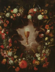 Cáliz rodeado de flores y frutas