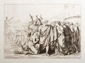 Attilio Regolo, por amor a su patria y por el juramento dado a los cartagineses de regresar como prisionero, abandona a su esposa con heroica constancia y a sus hijos sin esperanza de volver a verlos