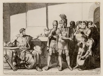 Curius Dentatus rechazando los regalos de los samnitas (grabado)