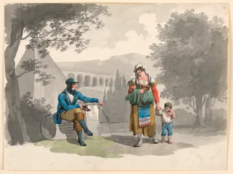 Dibujo, Una mujer sostiene a un niño con la mano y pasa junto a un caballero sentado entre ruinas en la Campagna, 1807