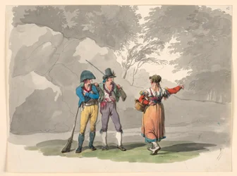 Dibujo, Una mujer y dos hombres armados. Trajes del Reino de Nápoles, 1807-08