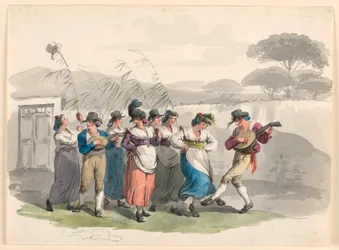 Dibujo, "Saltarello Romano", Campesinos danzantes en el barrio de Roma, 1807-08