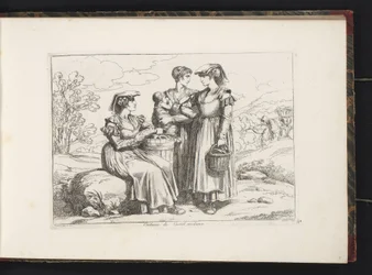 Tres mujeres y un niño de Castel Madama Costumi di Castel madama (título sobre el objeto) Estampados de vestuario con figuras de Roma y alrededores (título de la serie) Nuova raccolta di cinquanta costumi de contorni di Roma (título de la serie)