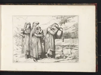 Tres mujeres y un niño de Cervara di Roma Costumi di Cervara (título sobre objeto) Estampados de vestuario con figuras de Roma y alrededores (título de la serie) Nuova raccolta di cinquanta costumi de contorni di Roma (título de la serie)