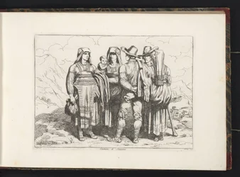 Tres mujeres y dos hombres de Sonnino Costumi di Sonnino (título sobre objeto) Estampados de vestuario con figuras de Roma y alrededores (título de la serie) Nuova raccolta di cinquanta costumi de contorni di Roma (título de la serie)