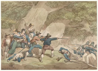 Gendarmes del Reino de Nápoles luchando contra los calabreses, ilustración para Trajes y costumbres romanos