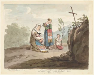 Mujer campesina con sus hijos llorando ante una tumba con una cruz, ilustración para «Trajes y costumbres romanas»
