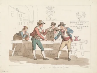 Jugando a la morra en una osteria romana, ilustración para Trajes y costumbres romanos