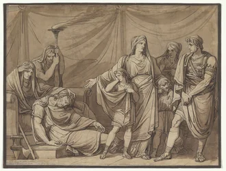 La reina Tranquilla contempla el cadáver de su esposo Tarquinio, ilustración para la Historia romana de Charles Rollin