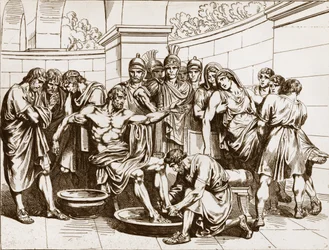 El filósofo romano Séneca (Lucius Annaeus Seneca, 4 a. C.-65 d. C.), acusado de participar en una conspiración contra el emperador Nerón, recibió la orden de suicidarse - grabado de Bartolomeo Pinelli - Muerte de Séneca, grabado de Bartolomeo Pinelli