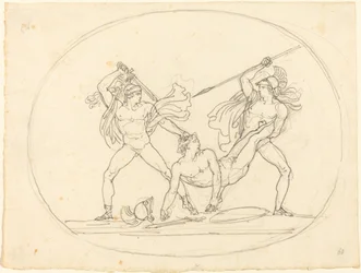 Dos antiguos guerreros luchando sobre un camarada muerto