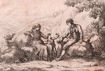 Dos plebeyos con un bebé, Schiavi, Abruzzo, grabado de Bartolomeo Pinelli