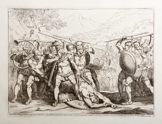 Valerio Corvo, tras matar en duelo a un soldado galo de gigantesca estatura, cuando está a punto de despojarlo, los galos, incapaces de contenerse, corren a vengarlo, pero son completamente derrotados por los romanos