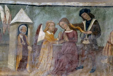 Escena alegórica, detalle del ciclo que representa la Cabalgata de Vicios y Virtudes, ca 1490, por Bartolomeo Serra y Sebastiano Serra, fresco, capilla de San Esteban, Giaglione, Piamonte, Italia