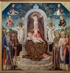 Virgen y Niño en el trono rodeados de San Agustín, San Roque, San Luis de Tolosa (Anjou), San Nicolás de Myra y en el cielo Santa Catalina, Santa Dominica, San Pedro Mártir (Verona) y Santa María Magdalena