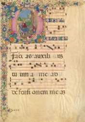 Hoja de manuscrito con la entrada en Jerusalén el Domingo de Ramos en una inicial D..., siglo XV-XVI