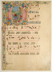 Hoja de manuscrito con la entrada en Jerusalén el Domingo de Ramos en una inicial D..., siglos XV-XVI
