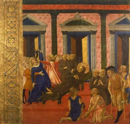 San Bernardino exorciza a una mujer poseída, obra de Neroccio di Bartolomeo (1447-1500), pintura, Palazzo Pubblico (Palacio Público), Siena, Italia.