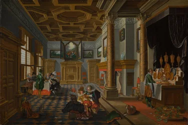 Interior renacentista con comensales, circa 1618-1622