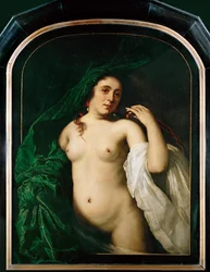 Mujer desnuda levantando una cortina (pintura sobre lienzo)