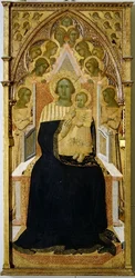 Madonna y niño entronizados, rodeados de ángeles