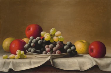 Naturaleza muerta, manzanas, uvas, s.f. (óleo sobre lienzo)