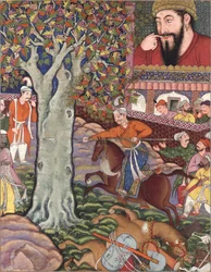 Mahlaj muestra su habilidad a Zumurrud Shah y atraviesa un árbol con una lanza (Del Hamzanama)
