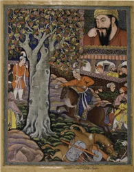 Mahlaj muestra su destreza a Zumurrud Shah y atraviesa un árbol con una lanza (Del Hamzanama, Volumen 11)