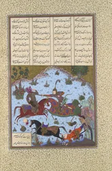 Gustaham mata a Lahhak y Farshidvard, Folio 349v del Libro de Shahnama, ca. 1525-30