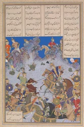 Carga de Khusrau Parviz contra Bahram Chubina, Folio 707v del Shahnama, ca. 1530-35