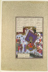 "Rustam dolido ante Kai Kavus", Folio 146r del Shahnama