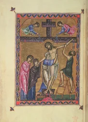 El Descendimiento de la Cruz, fol. 8b de MS Egerton 1139, el Salterio de la Reina Melisenda, Jerusalén