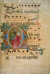 Inicial iluminada con la figura de San Pablo (Corale 8, c. 163), para el libro de coro 8 de Santa Maria degli Angeli