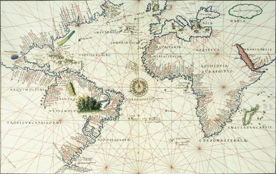 Un mapa de doble página del Océano Atlántico, mostrando la costa este de América del Norte y del Sur, 1544