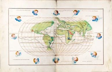 Planisferio oval del mundo que muestra la ruta de Magallanes