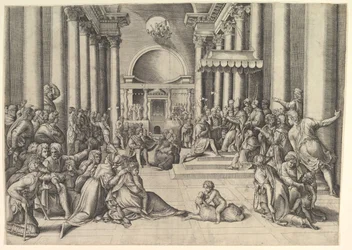Constantino presentando la ciudad de Roma a la Santa Sede, a la derecha, muchos espectadores..., ca. 1530-61