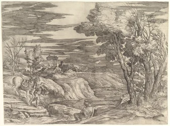 Paisaje con un jinete y su mozo de cuadra, ca. 1552-61