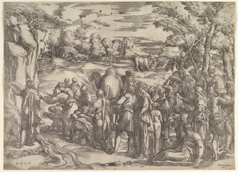 Moisés Sacando Agua de la Roca, a la izquierda con agua fluyendo, varias figuras y...
