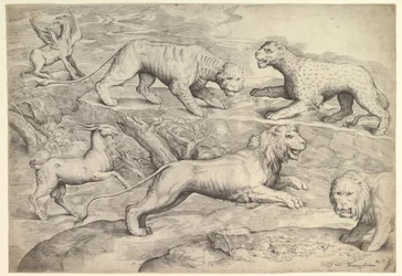 Seis animales, incluidos leones, un tigre, un leopardo, un grifo y una cabra, ca. 1530-61