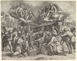 La adoración de los pastores con ángeles arriba, ca. 1530-61